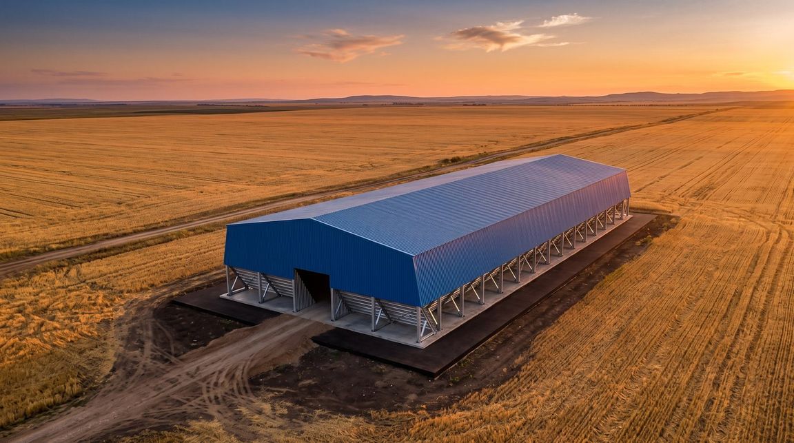Визуализация: зернохранилище Steppe Steel средней длины в степи