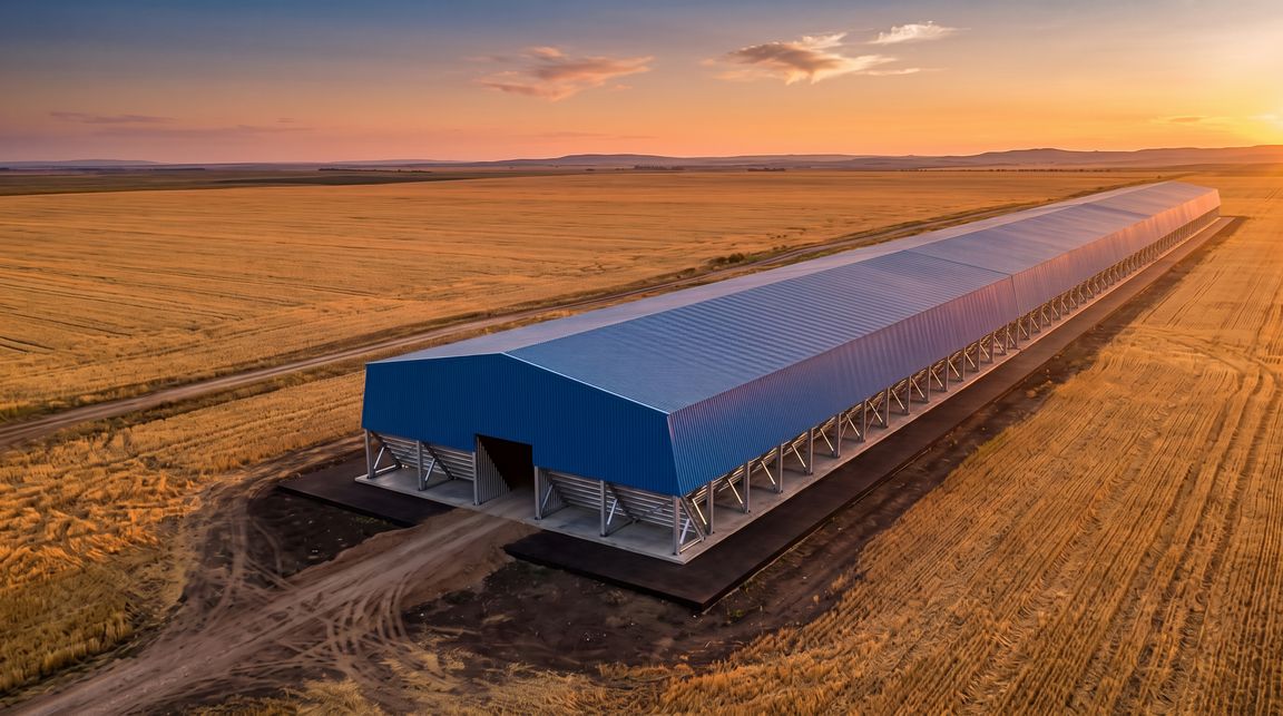 Визуализация: зернохранилище Steppe Steel максимальной длины 140 метров
